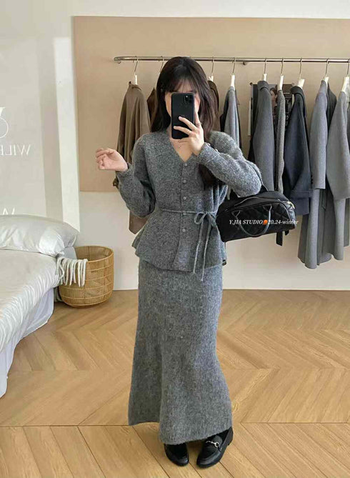 Women Winter Warm Knitted Cardigan With Skirts Sets